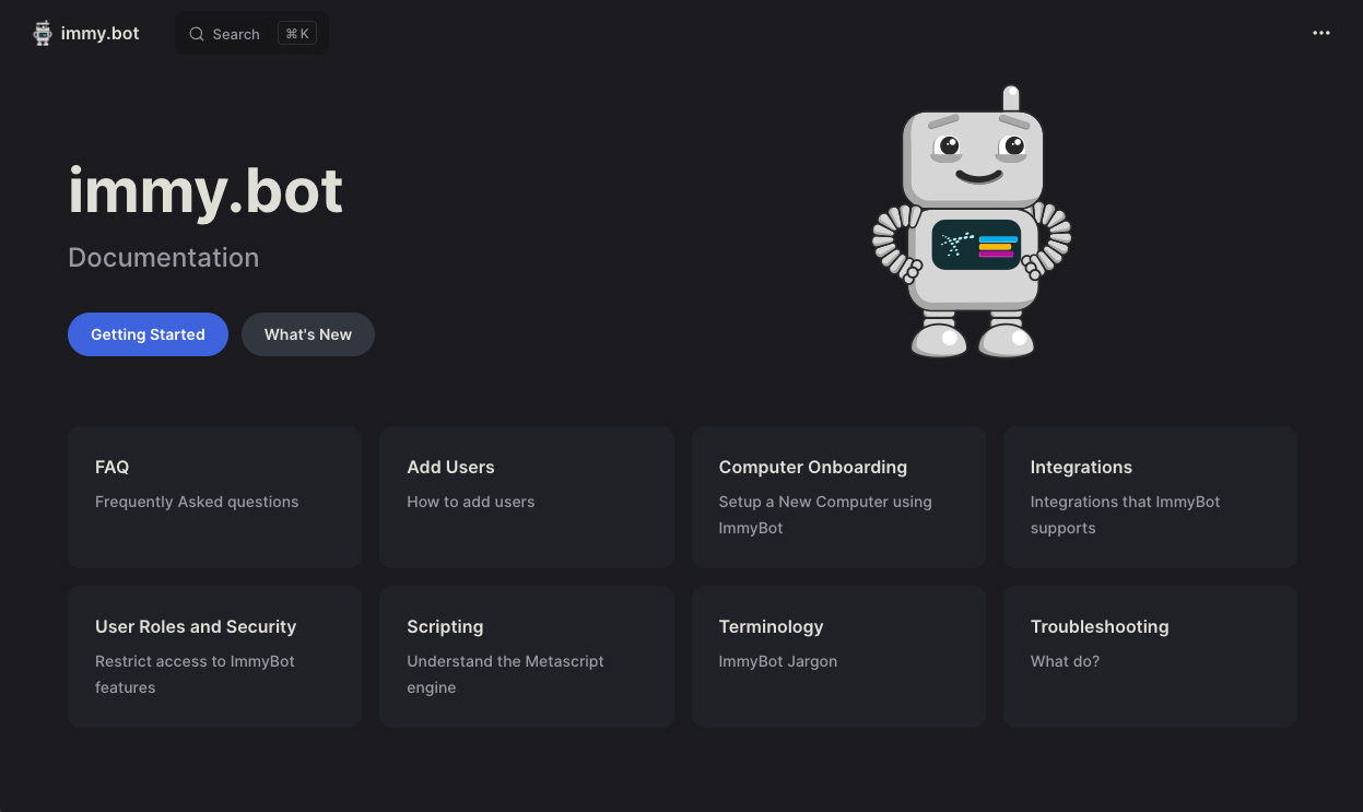 ImmyBot support documentation hub screenshot
