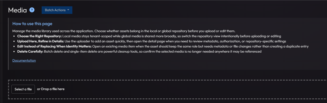 Upload Media dialog with drag-and-drop area